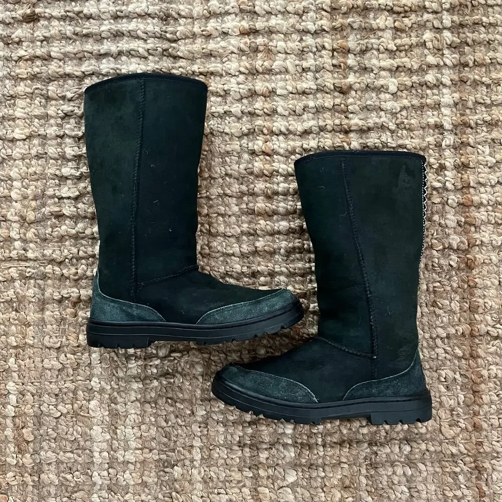 UGG Ultra Tall Revival Boots Black Sheepskin Wool Braid Back Women's 9 12